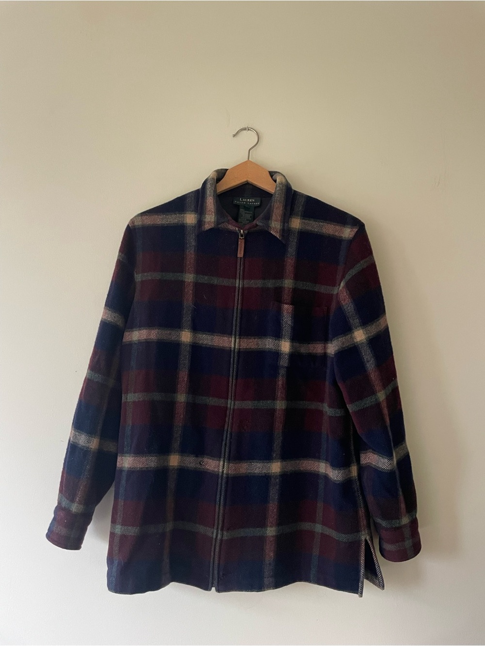 Vintage Ralph Lauren Plaid Zip-Front Utility Jacket in Navy Burgundy lambswool